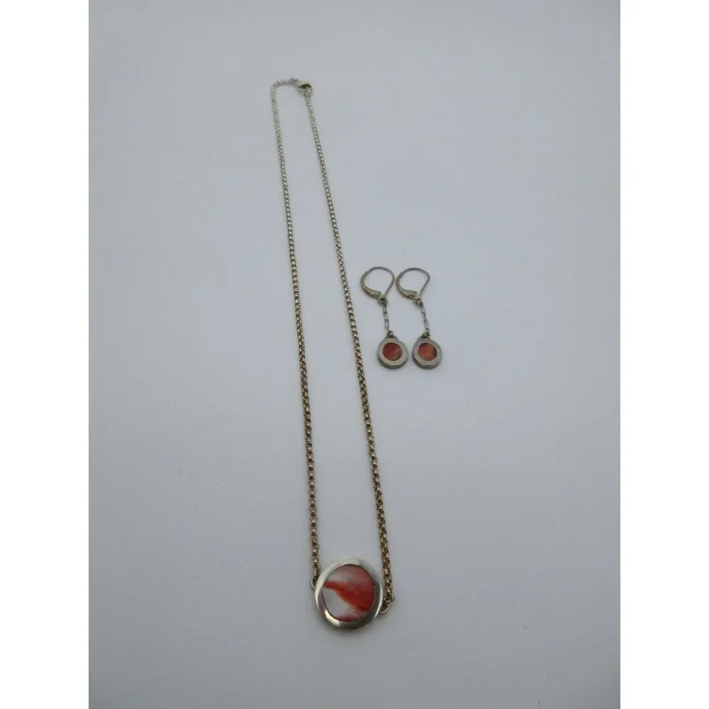 Silver Necklace and Earring Set with Coral Pink Inlay